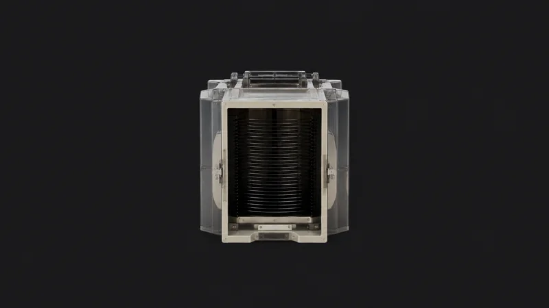 Isolated a front-opening wafer pod with its door removed centred on a seamless deep charcoal near-black studio background, generous empty margin on every side for overlaid branding
