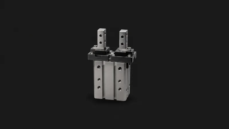 Isolated a pneumatic parallel gripper with two steel fingers centred on a seamless deep charcoal near-black studio background, generous empty margin on every side for overlaid branding