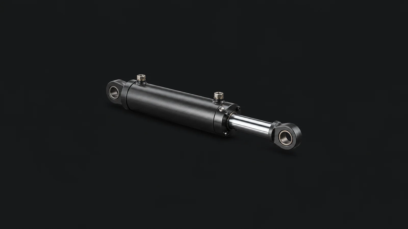 Isolated a hydraulic cylinder with a chrome rod extended centred on a seamless deep charcoal near-black studio background, generous empty margin on every side for overlaid branding