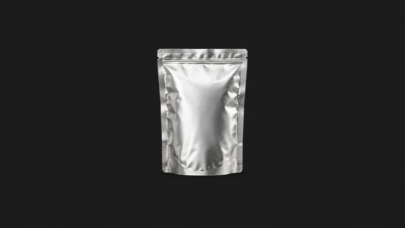 Isolated a heat-sealed foil pouch of processed food centred on a seamless deep charcoal near-black studio background, generous empty margin on every side for overlaid branding