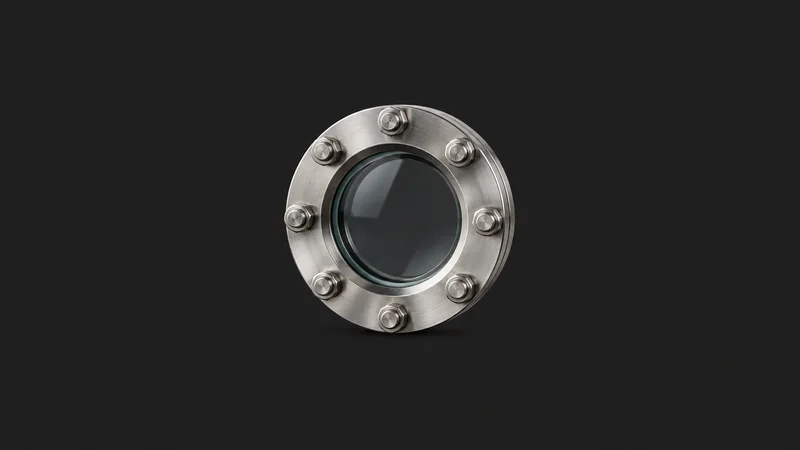 Isolated a stainless reactor sight glass in a flanged housing centred on a seamless deep charcoal near-black studio background, generous empty margin on every side for overlaid branding