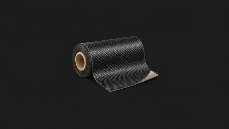 Isolated a roll of prepreg carbon cloth with backing paper centred on a seamless deep charcoal near-black studio background, generous empty margin on every side for overlaid branding
