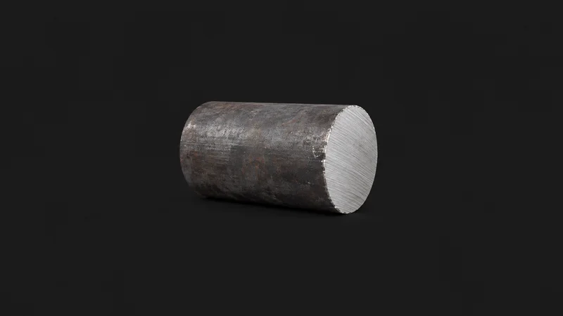Isolated a steel billet with a cut end showing bright metal centred on a seamless deep charcoal near-black studio background, generous empty margin on every side for overlaid branding