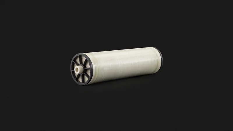 Isolated a spiral-wound reverse-osmosis membrane element centred on a seamless deep charcoal near-black studio background, generous empty margin on every side for overlaid branding