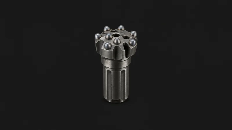 Isolated a tungsten-carbide button rock-drill bit centred on a seamless deep charcoal near-black studio background, generous empty margin on every side for overlaid branding