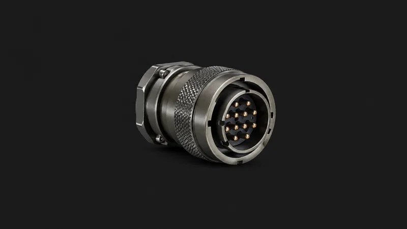 Isolated a mil-spec circular connector with a bayonet shell centred on a seamless deep charcoal near-black studio background, generous empty margin on every side for overlaid branding