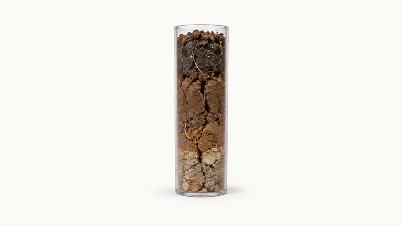 Isolated a single cracked-open soil core in a clear sampling tube centred on a seamless pale off-white studio background, generous empty margin on every side for overlaid branding