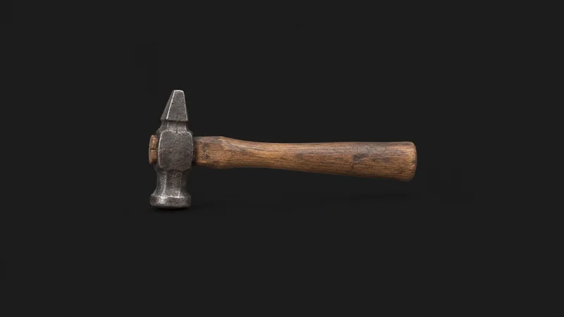 Isolated a wooden-handled cross-peen forging hammer with a mushroomed face centred on a seamless deep charcoal near-black studio background, generous empty margin on every side for overlaid branding