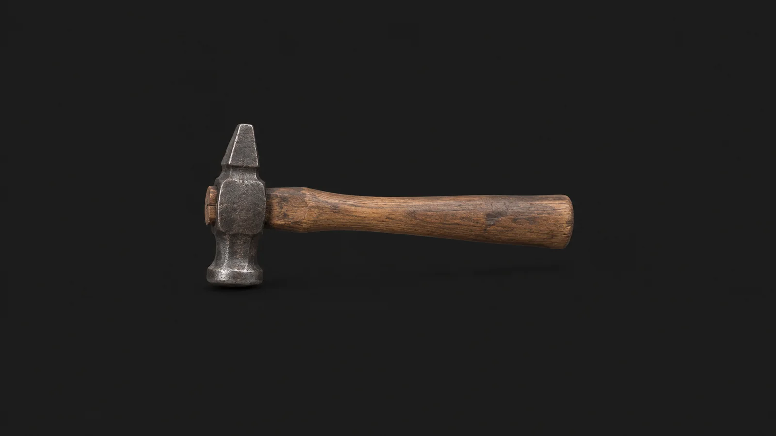 Isolated a wooden-handled cross-peen forging hammer with a mushroomed face centred on a seamless deep charcoal near-black studio background, generous empty margin on every side for overlaid branding