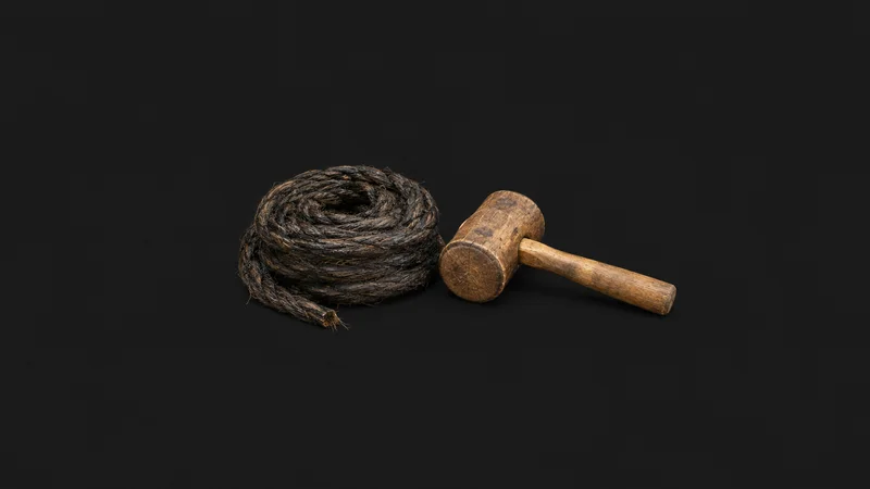 Isolated a coil of tarred hemp caulking cotton beside a caulking mallet centred on a seamless deep charcoal near-black studio background, generous empty margin on every side for overlaid branding