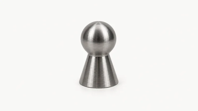 Isolated a hardened-steel five-axis test part with a milled sphere on a cone centred on a seamless pale off-white studio background, generous empty margin on every side for overlaid branding