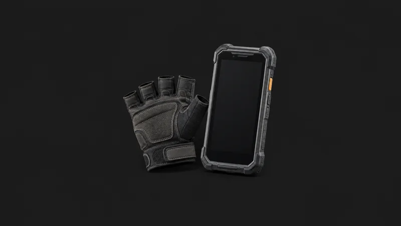 Isolated a delivery driver's fingerless glove beside a rugged handheld terminal centred on a seamless deep charcoal near-black studio background, generous empty margin on every side for overlaid branding