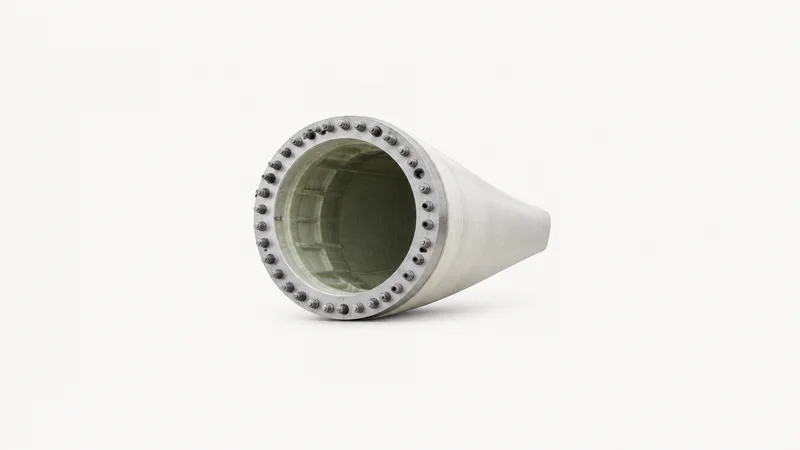 Isolated a wind-turbine blade root section with its bolt ring centred on a seamless pale off-white studio background, generous empty margin on every side for overlaid branding
