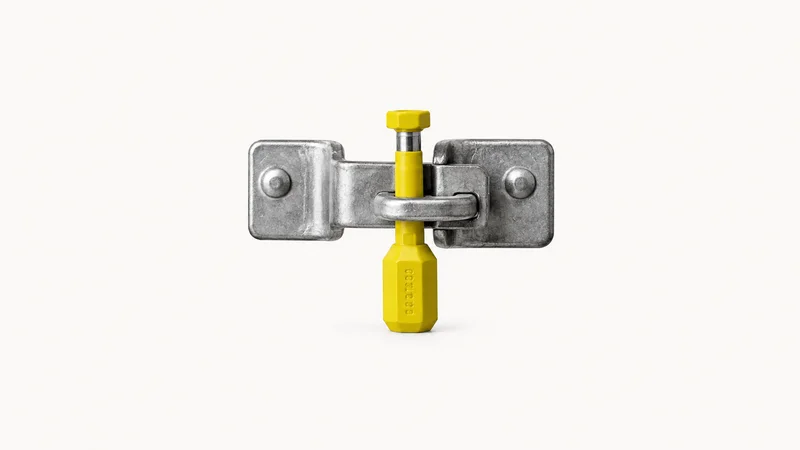 Isolated a numbered high-security bolt seal clipped through a container hasp centred on a seamless pale off-white studio background, generous empty margin on every side for overlaid branding