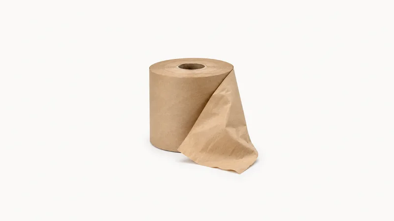 Isolated a roll of brown paper void-fill unwinding from its spool centred on a seamless pale off-white studio background, generous empty margin on every side for overlaid branding