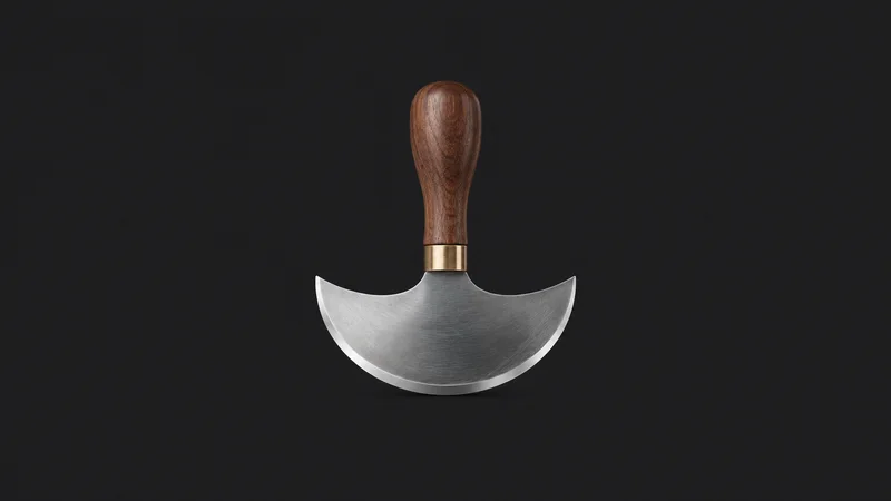 Isolated a head knife with a half-moon blade and a walnut handle centred on a seamless deep charcoal near-black studio background, generous empty margin on every side for overlaid branding