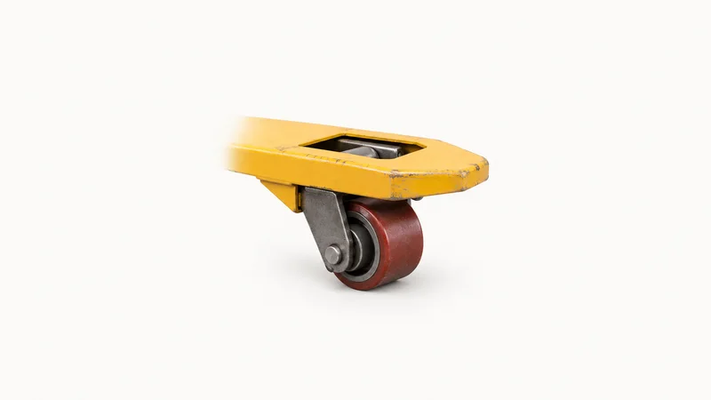 Isolated a steel pallet-jack fork tip with a polyurethane load wheel centred on a seamless pale off-white studio background, generous empty margin on every side for overlaid branding