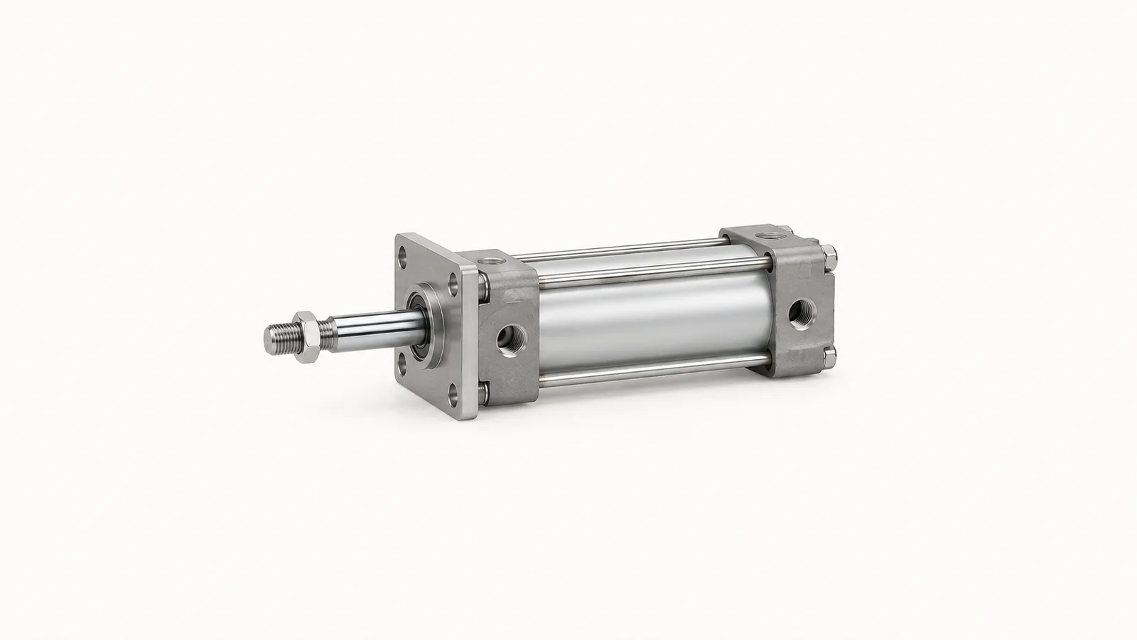 Isolated a pneumatic cylinder with a chrome rod and mounting flange centred on a seamless pale off-white studio background, generous empty margin on every side for overlaid branding