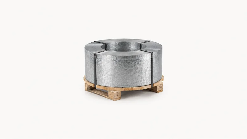 Isolated a coil of galvanised steel strip on a pallet spool centred on a seamless pale off-white studio background, generous empty margin on every side for overlaid branding