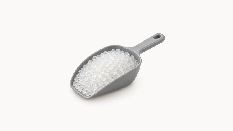 Isolated a scoop of translucent polypropylene pellets centred on a seamless pale off-white studio background, generous empty margin on every side for overlaid branding