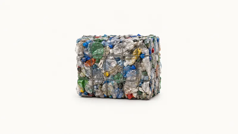 Isolated a bale of crushed mixed-plastic bottles wrapped in wire centred on a seamless pale off-white studio background, generous empty margin on every side for overlaid branding