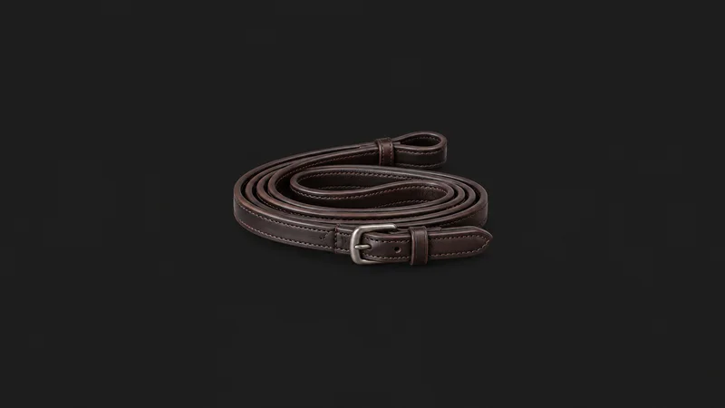 Isolated a coiled leather rein with a buckle billet centred on a seamless deep charcoal near-black studio background, generous empty margin on every side for overlaid branding