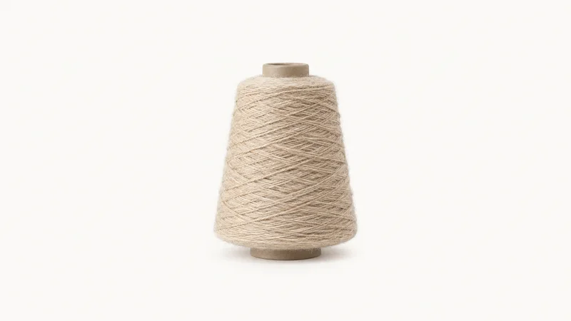 Isolated a cone of spun wool yarn on a spindle centred on a seamless pale off-white studio background, generous empty margin on every side for overlaid branding