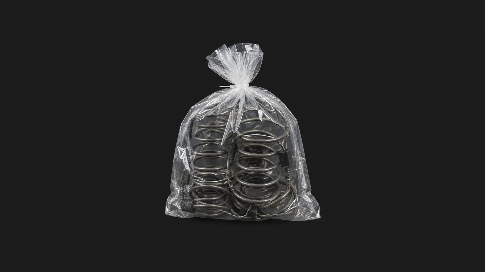 Isolated a bag of coiled seat springs centred on a seamless deep charcoal near-black studio background, generous empty margin on every side for overlaid branding