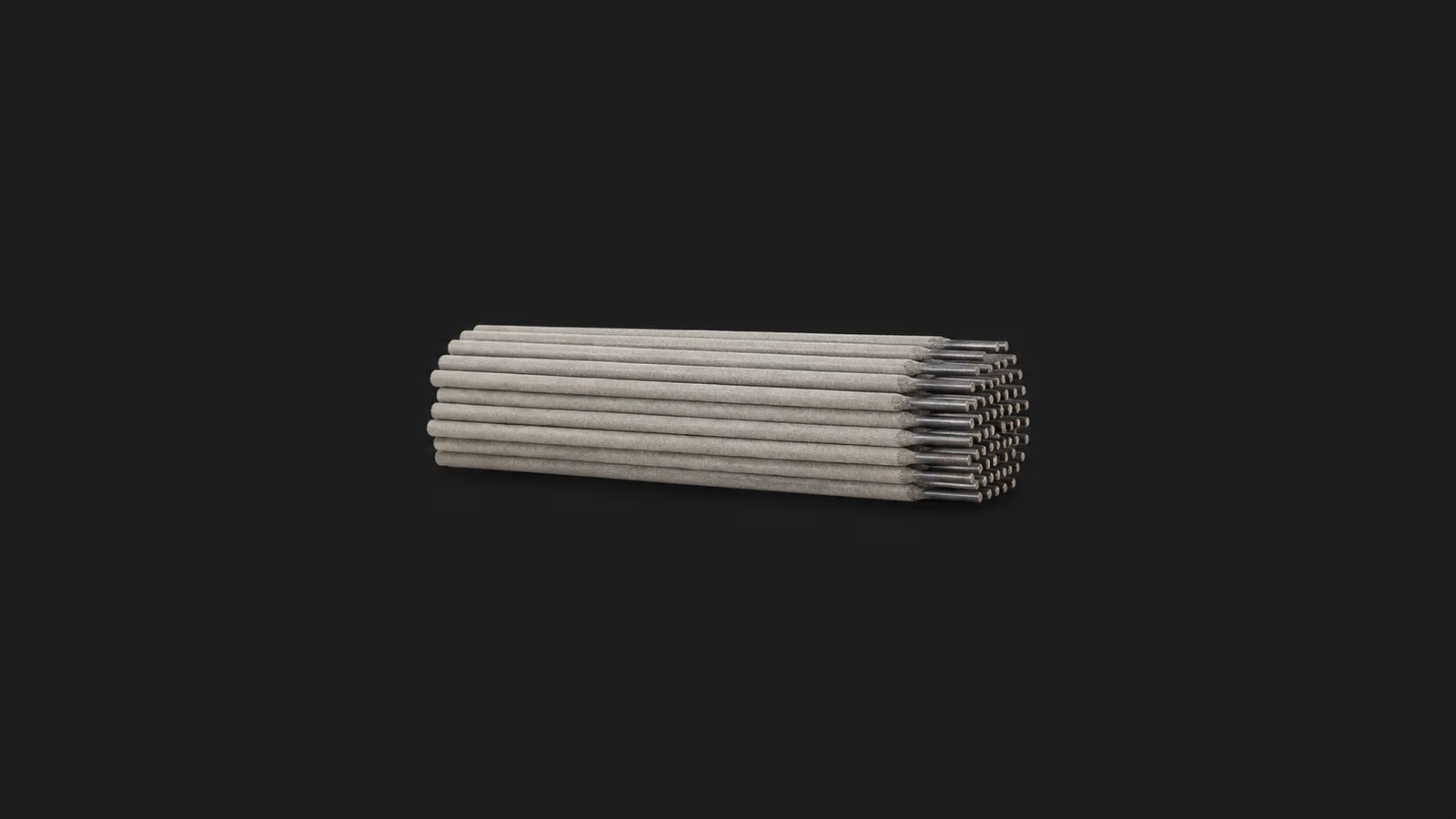 Isolated a bundle of coated stick-welding rods centred on a seamless deep charcoal near-black studio background, generous empty margin on every side for overlaid branding
