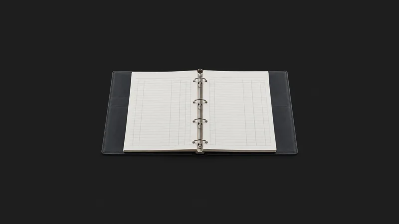 Isolated a ring binder of blank ledger sheets with column rules centred on a seamless deep charcoal near-black studio background, generous empty margin on every side for overlaid branding