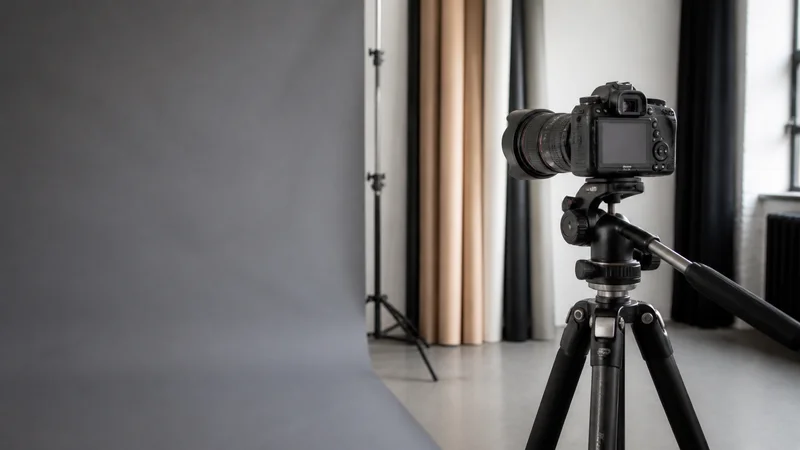 Close, clean detail of the camera on a tripod and backdrops, soft even indoor light, no people in frame