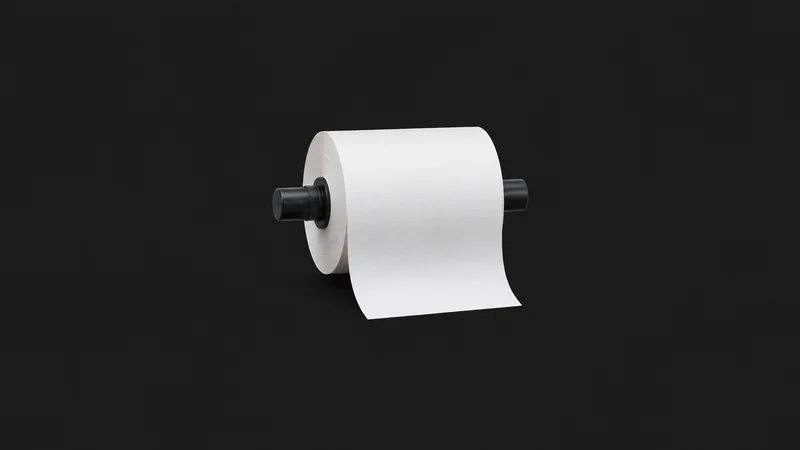 Isolated a roll of blank till receipts on a spindle centred on a seamless deep charcoal near-black studio background, generous empty margin on every side for overlaid branding