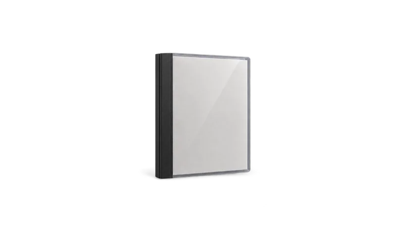 Isolated a bound presentation folder with a clear front cover centred on a seamless deep charcoal near-black studio background, generous empty margin on every side for overlaid branding