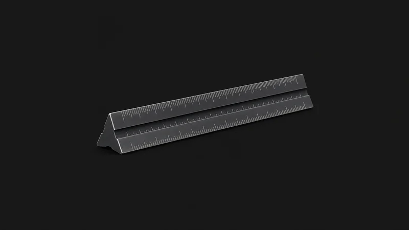 Isolated a triangular engineer's scale rule with graduated faces centred on a seamless deep charcoal near-black studio background, generous empty margin on every side for overlaid branding