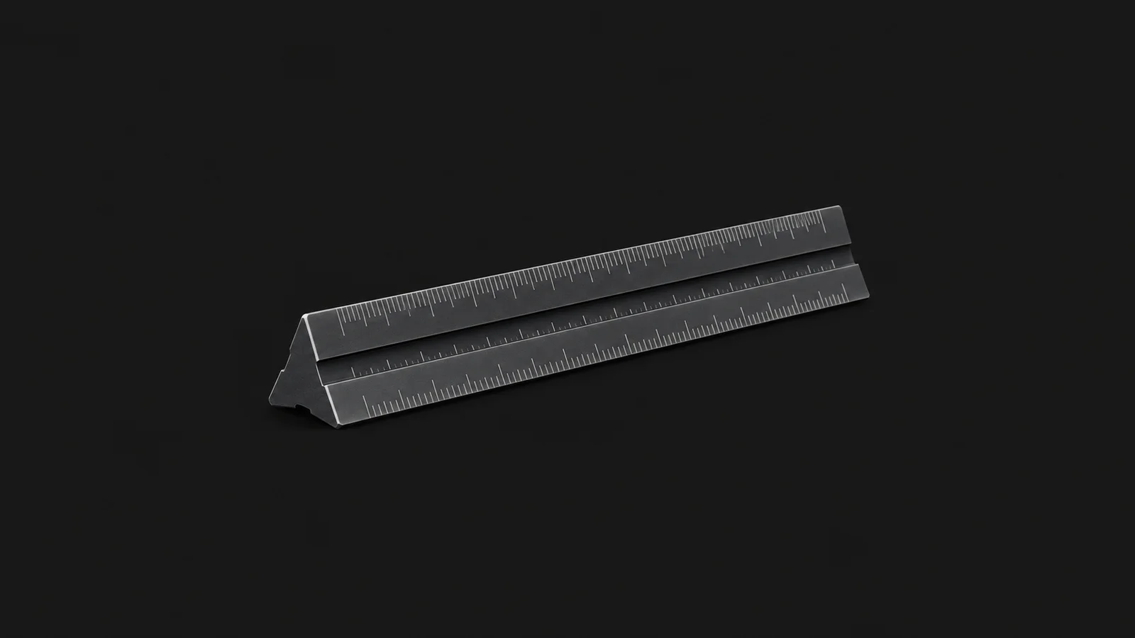 Isolated a triangular engineer's scale rule with graduated faces centred on a seamless deep charcoal near-black studio background, generous empty margin on every side for overlaid branding