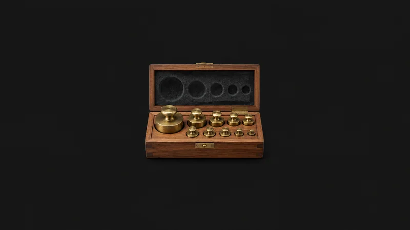 Isolated a set of brass balance weights in a wooden box centred on a seamless deep charcoal near-black studio background, generous empty margin on every side for overlaid branding