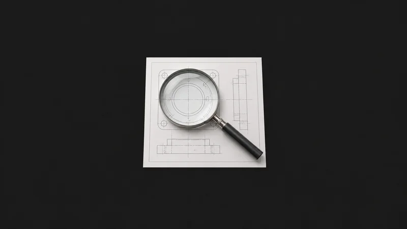 Isolated a magnifying glass over a blank technical drawing centred on a seamless deep charcoal near-black studio background, generous empty margin on every side for overlaid branding