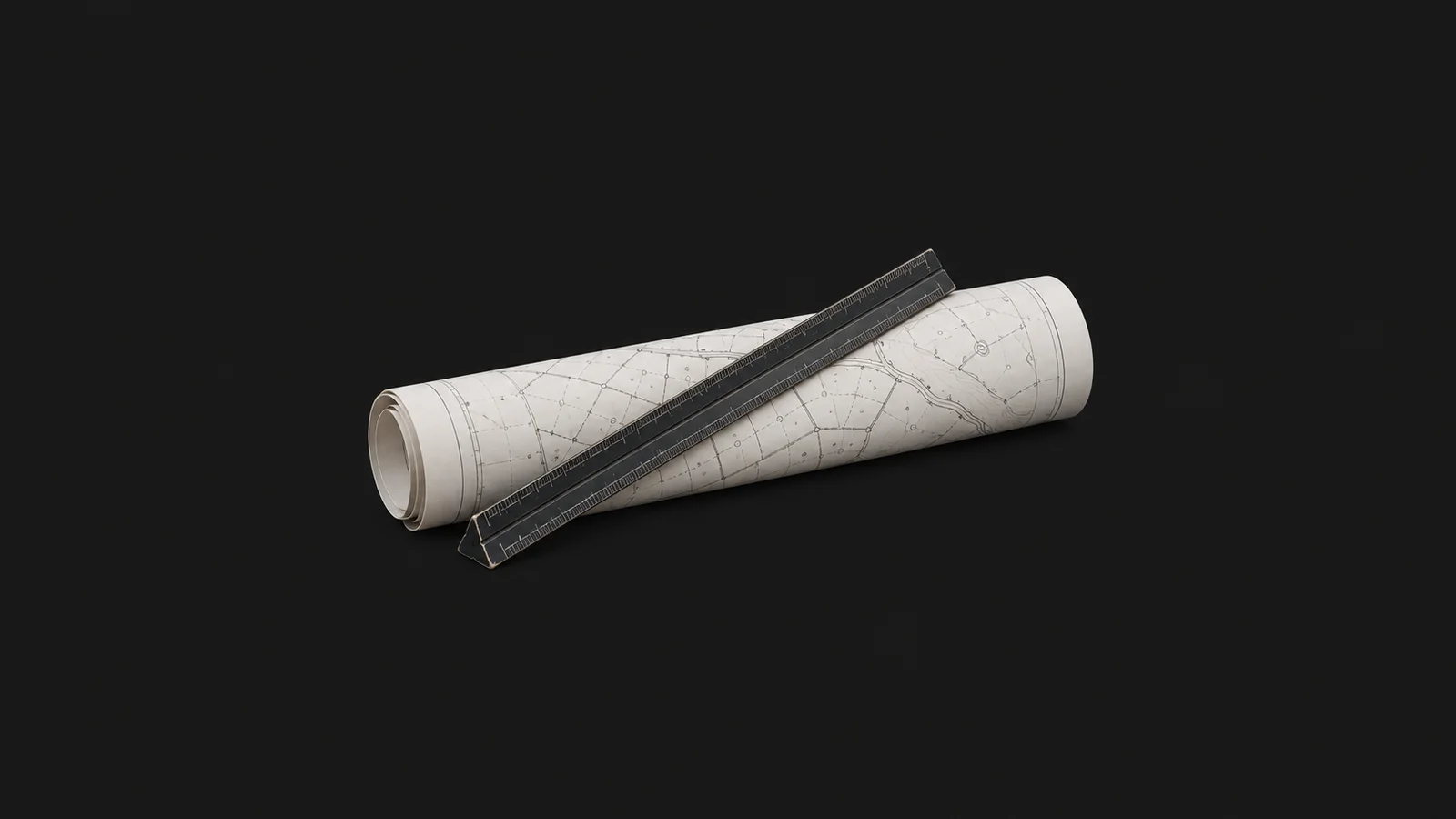 Isolated a triangular boundary scale rule laid on a rolled cadastral drawing centred on a seamless deep charcoal near-black studio background, generous empty margin on every side for overlaid branding