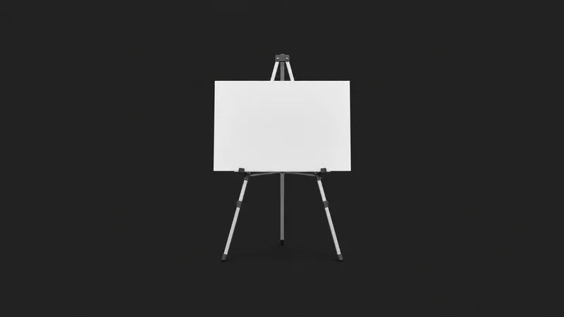 Isolated a metal easel holding a blank foam-core presentation board centred on a seamless deep charcoal near-black studio background, generous empty margin on every side for overlaid branding