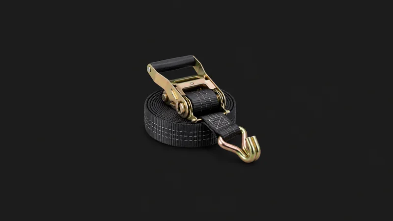 Isolated a ratchet tie-down strap coiled with its metal hook centred on a seamless deep charcoal near-black studio background, generous empty margin on every side for overlaid branding