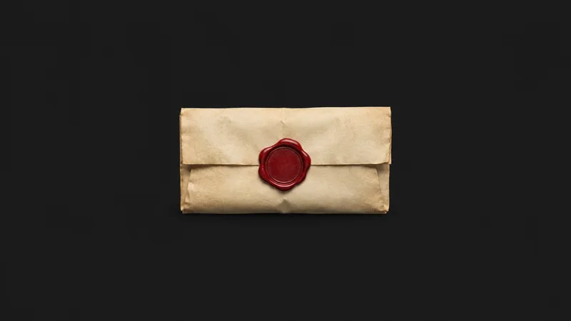 Isolated a red wax seal pressed onto a folded parchment centred on a seamless deep charcoal near-black studio background, generous empty margin on every side for overlaid branding
