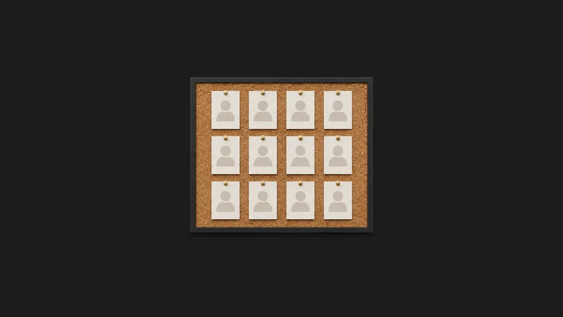 Isolated a cork board pinned with blank profile cards in a grid centred on a seamless deep charcoal near-black studio background, generous empty margin on every side for overlaid branding