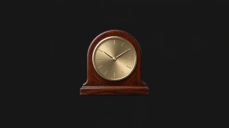 Isolated a mahogany desk clock with a brass face and no numerals centred on a seamless deep charcoal near-black studio background, generous empty margin on every side for overlaid branding