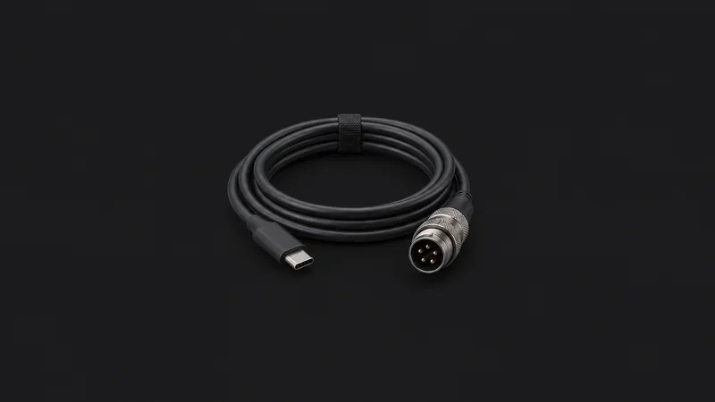 Isolated a coiled USB-C cable with an aviator connector centred on a seamless deep charcoal near-black studio background, generous empty margin on every side for overlaid branding