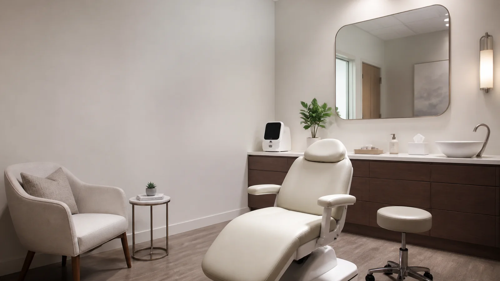 Wide interior view of a clean consultation room with a mirror with no people, soft even indoor light, clean uncluttered foreground for text
