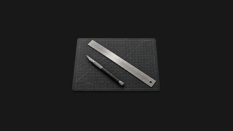 Isolated a cutting mat with a steel rule and craft knife centred on a seamless deep charcoal near-black studio background, generous empty margin on every side for overlaid branding