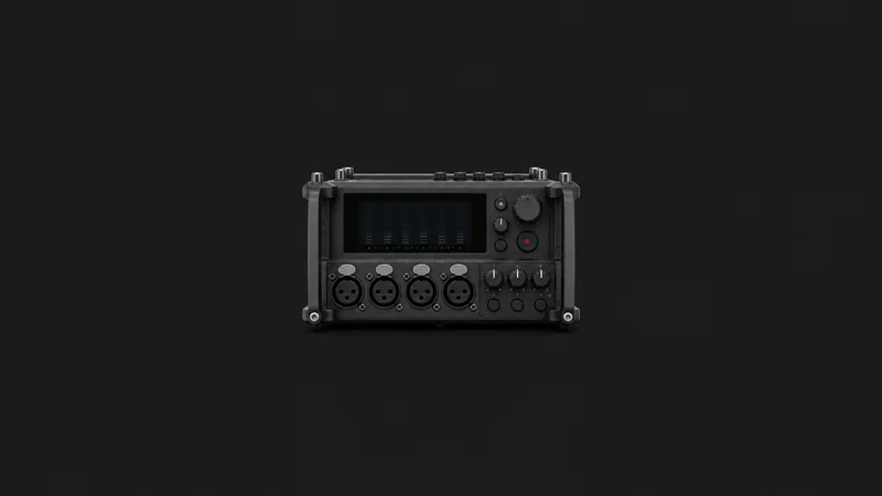 Isolated a portable multitrack audio recorder with XLR inputs centred on a seamless deep charcoal near-black studio background, generous empty margin on every side for overlaid branding
