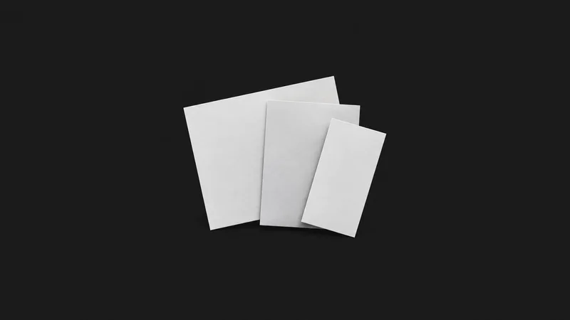 Isolated a fanned stack of screen-size paper templates centred on a seamless deep charcoal near-black studio background, generous empty margin on every side for overlaid branding