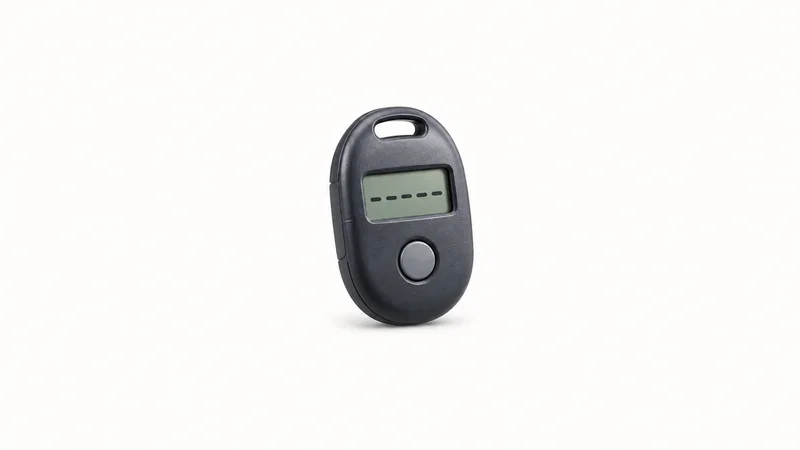Isolated a pocket-sized one-time-passcode token with a segment display centred on a seamless pale off-white studio background, generous empty margin on every side for overlaid branding
