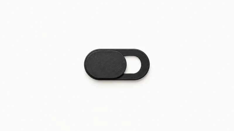 Isolated a matte-black privacy webcam cover slider centred on a seamless pale off-white studio background, generous empty margin on every side for overlaid branding